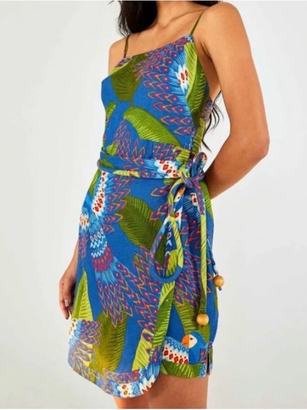 FARM Rio Blue Tropical Leaf-Print Tie-Waist Mini Dress